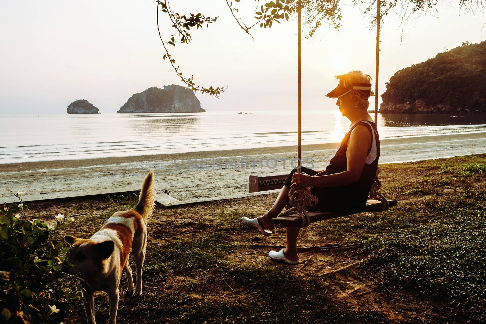 senior woman relaxing on the swings with her dog