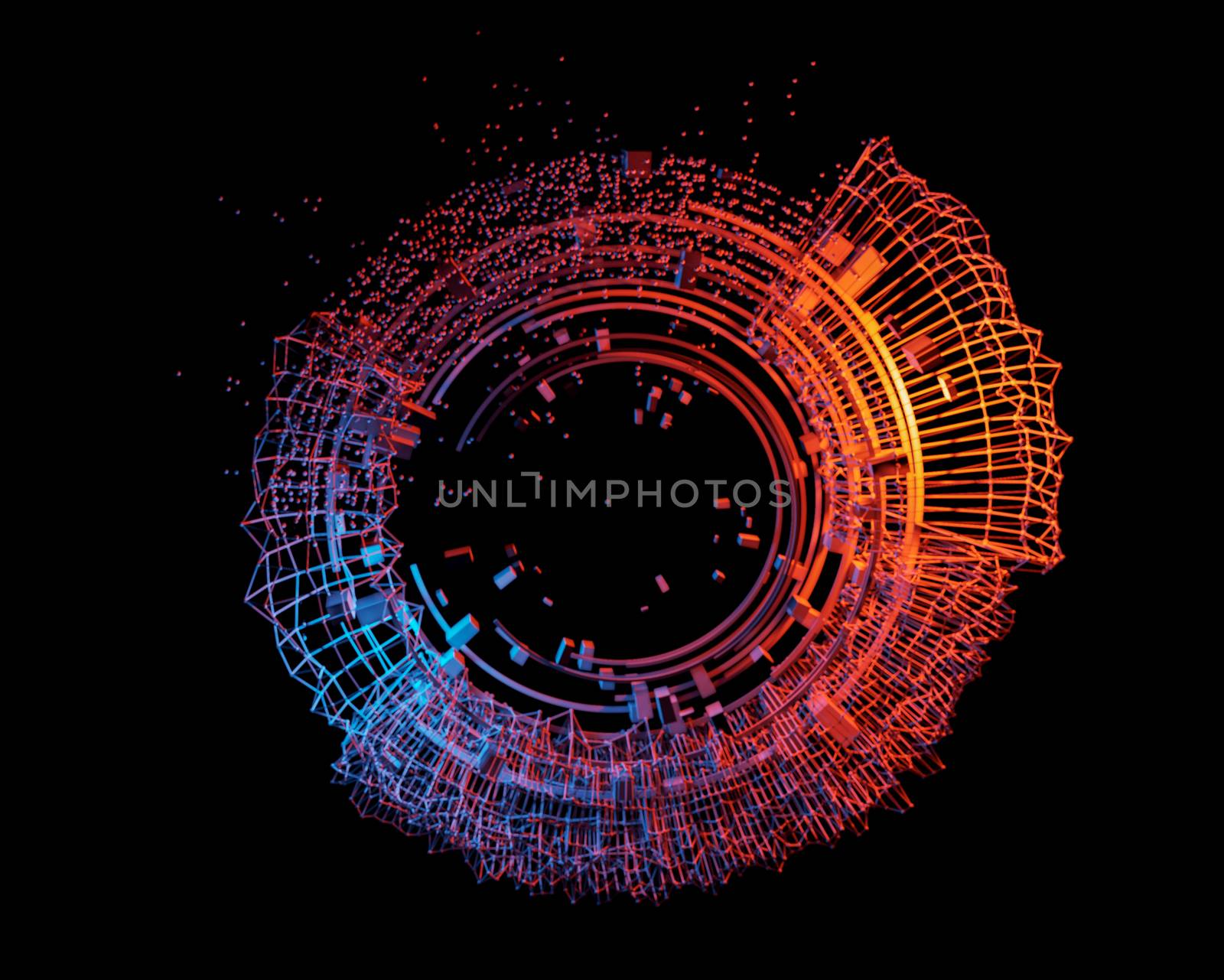 Abstract 3D rendering of chaotic objects. Concept Design Abstract Architecture or HUD Element or Space Station