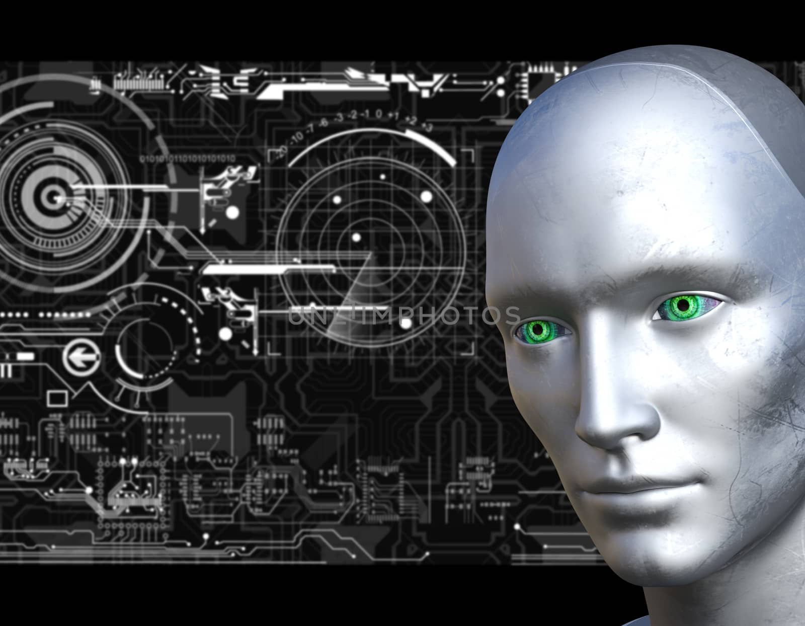 Robot face with electronic circuits background- 3d rendering