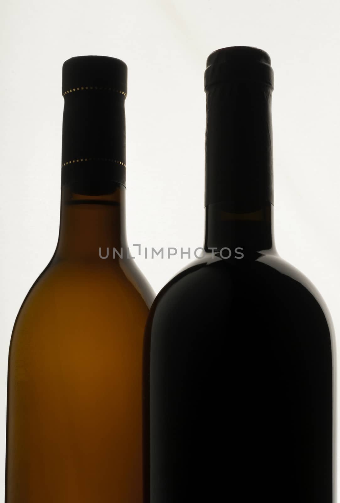 two bottles of wine, white background, red wine and white wine