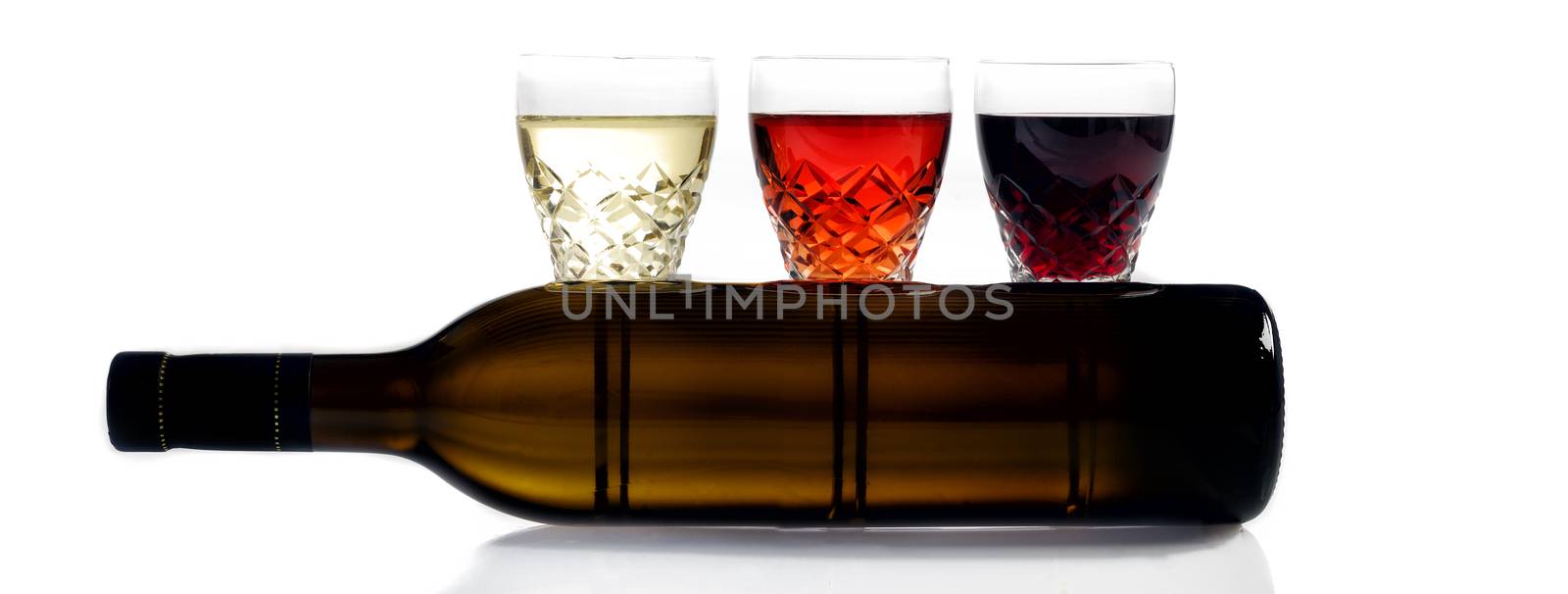Three glasses of wine, glass, white wine, red wine, rose wine, white background, bottle of wine