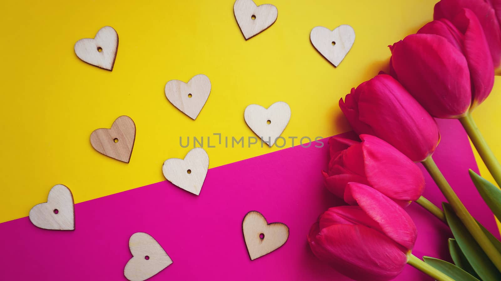 Pink tulips with hearts on the pink background. Flat lay, top view. Valentines background. Spring concept.