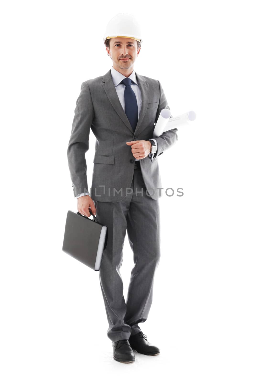 Young businessman engineer in hardhat isolated on white background