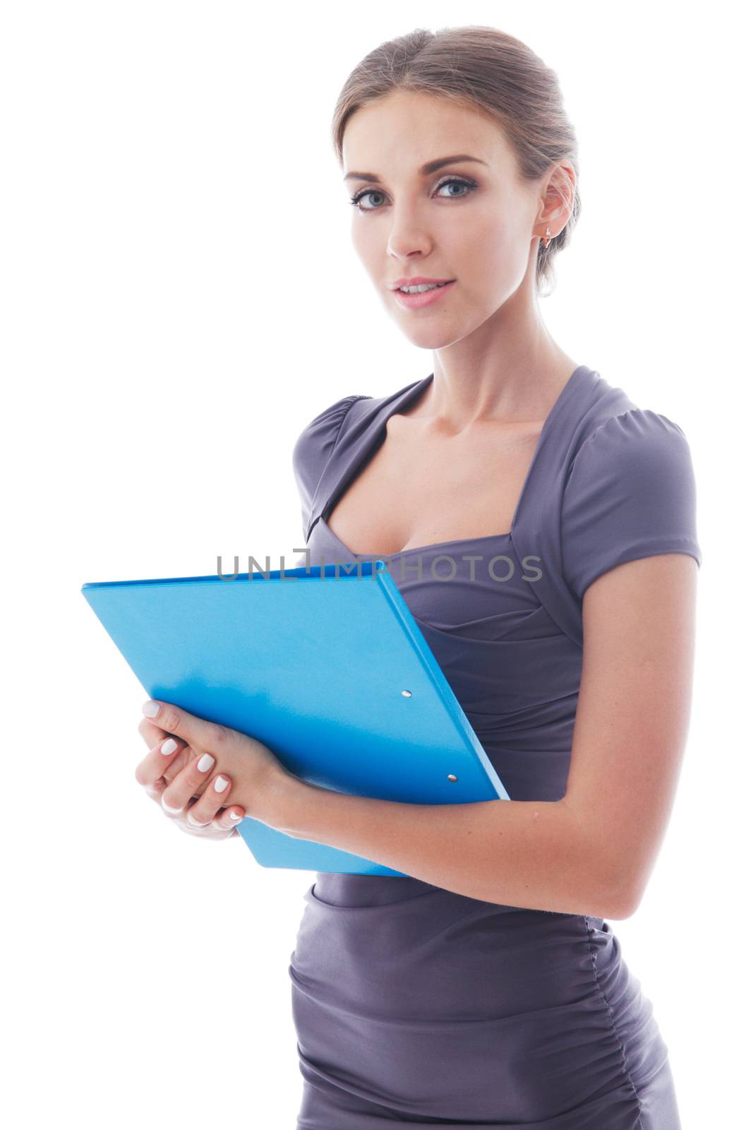 Portrait of young business woman holding document folder isolated on white