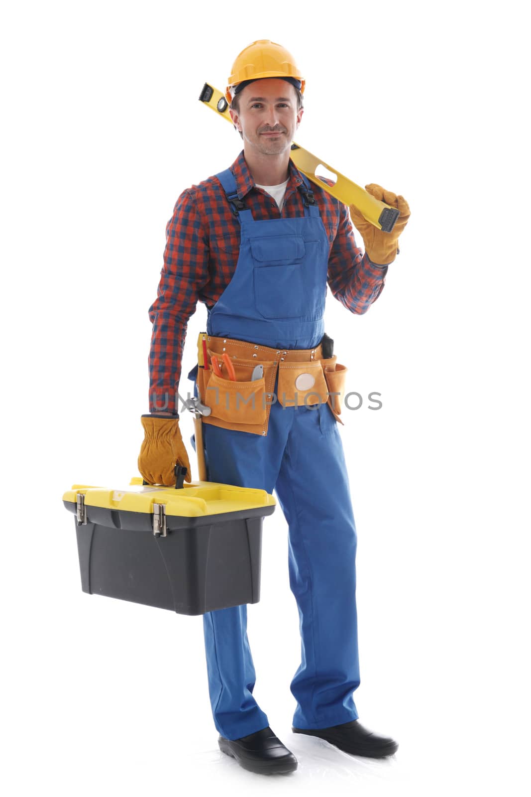 Young friendly manual worker with box of tools isolated on white background