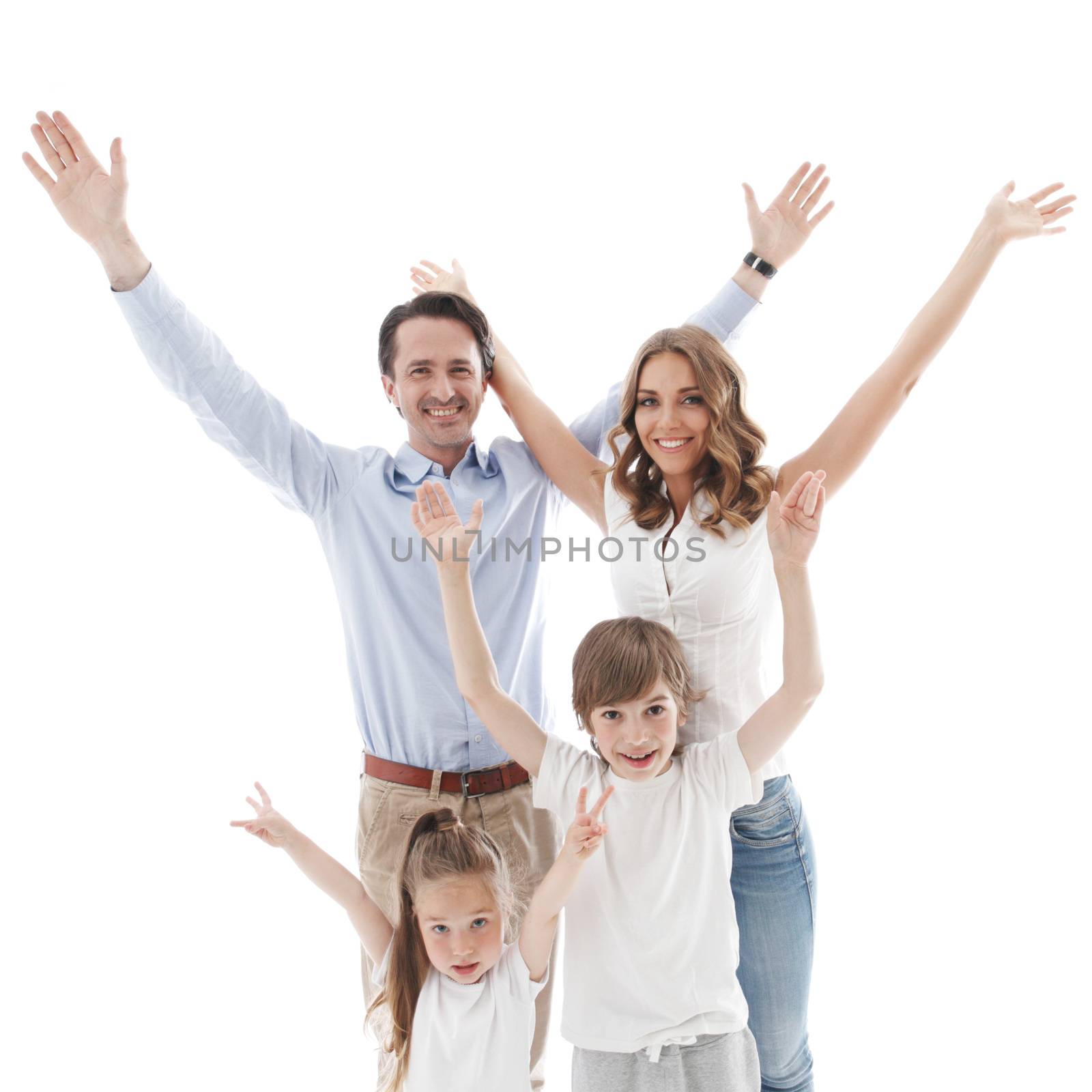 Happy family with raised hands by ALotOfPeople