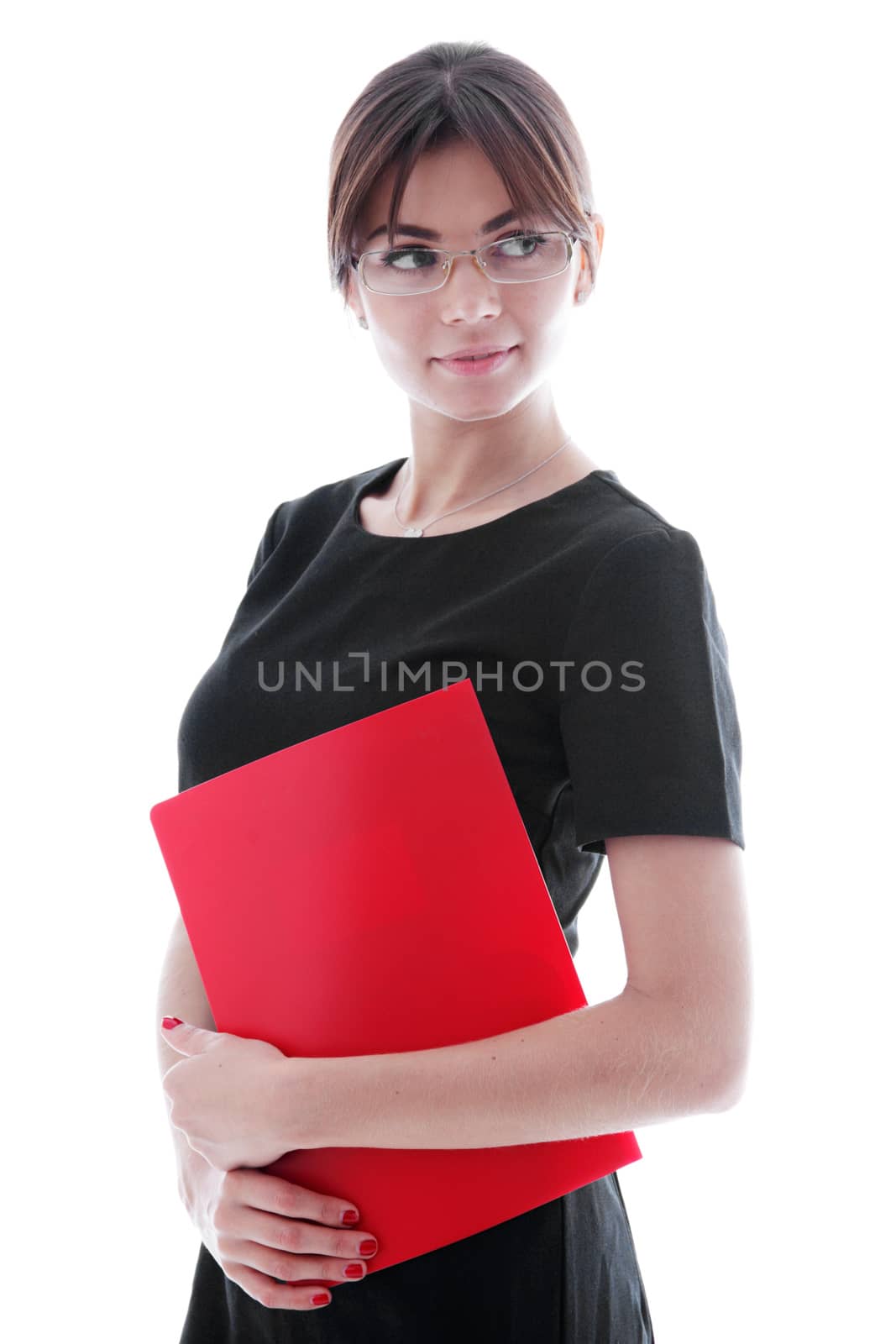 Portrait of young business woman with document folder isolated on white