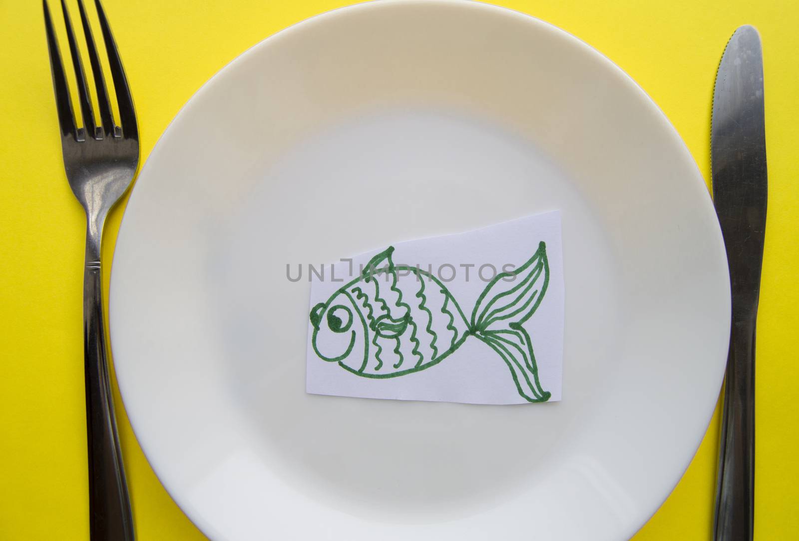The celebration of April fool's Day, a Plate with a fork and knife and a paper fish on a yellow colored background. Humor by claire_lucia