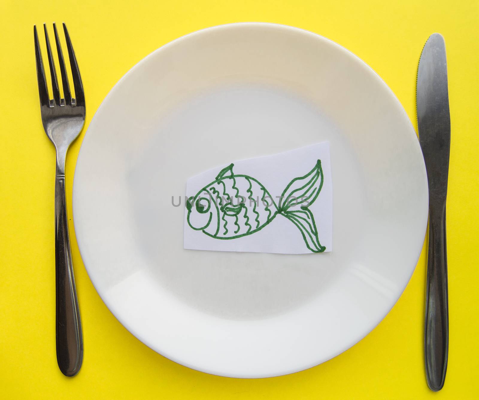 The celebration of April fool's Day, a Plate with a fork and knife and a paper fish on a yellow colored background. Humor.