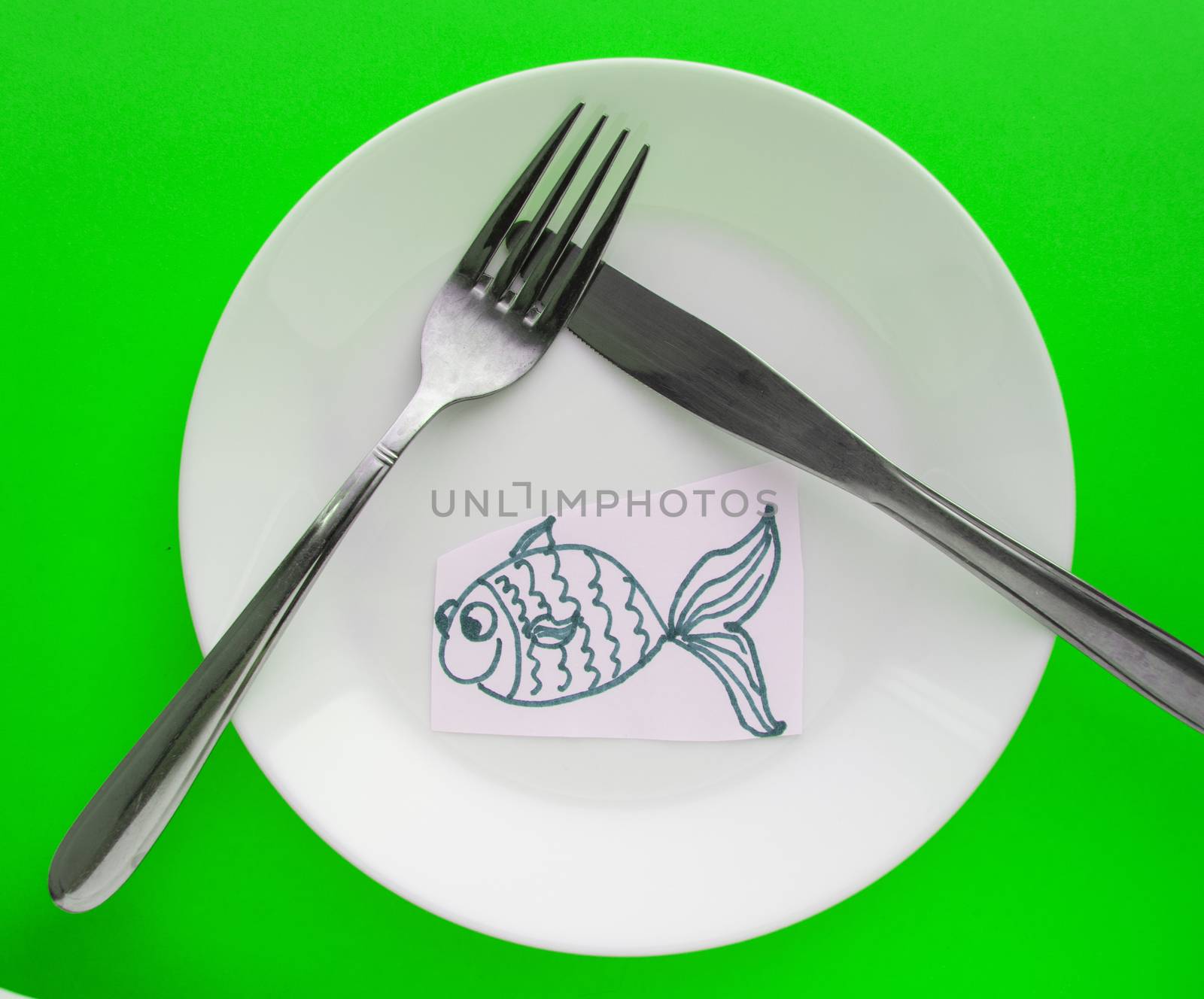 The celebration of April fool's Day, a Plate with a fork and knife and a paper fish on a green background. Humor.