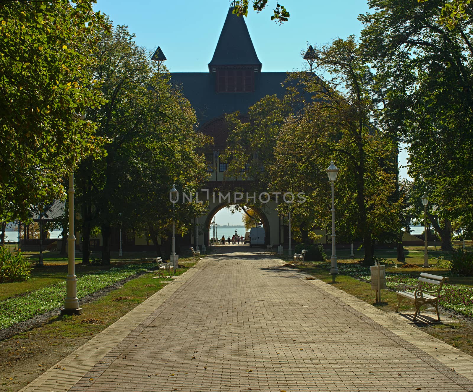 Pathway with entrance building to a Palic Lake, Serbia by sheriffkule