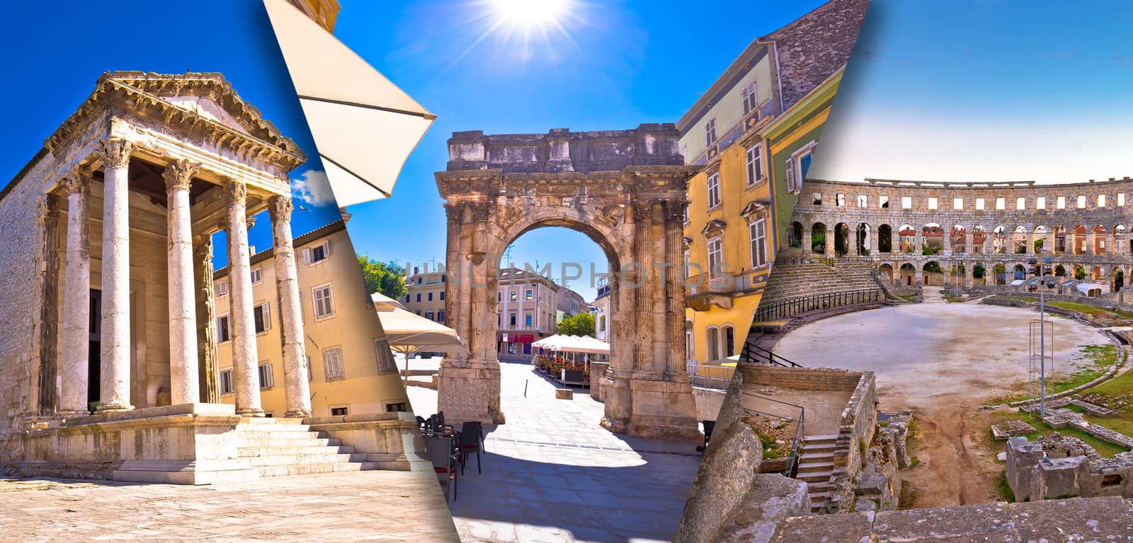 Town of Pula historic Roman landmarks panoramic collage tourist postcard view, Istria region of Croatia