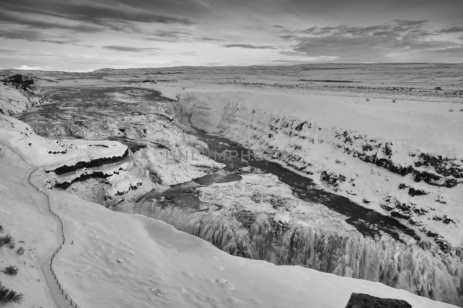 Panoramic image of the frozen waterfall Gullfoss, Iceland, Europe