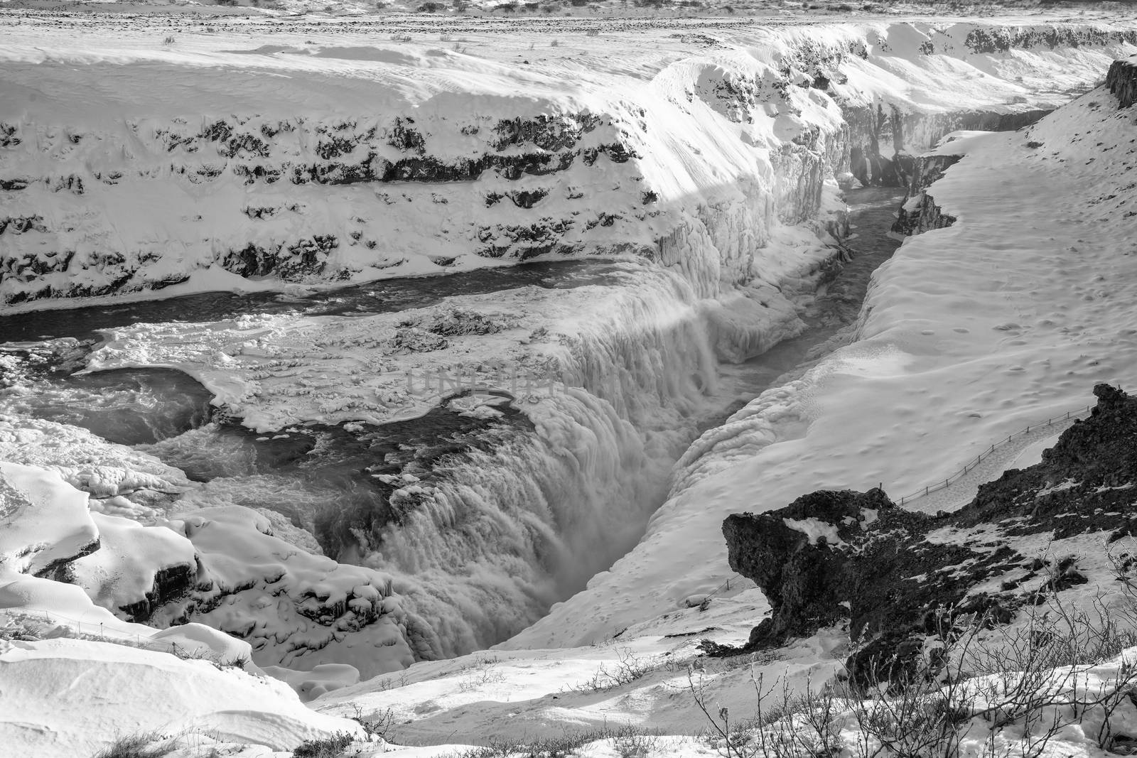 Panoramic image of the frozen waterfall Gullfoss, Iceland, Europe