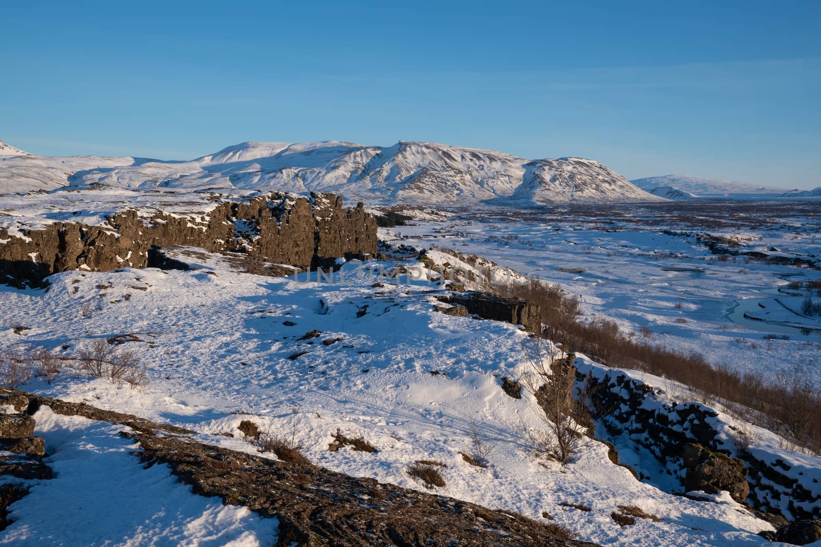 Panoramic image of the beautiful landscape of the Thingvellir National Park during winter, Iceland, Europe