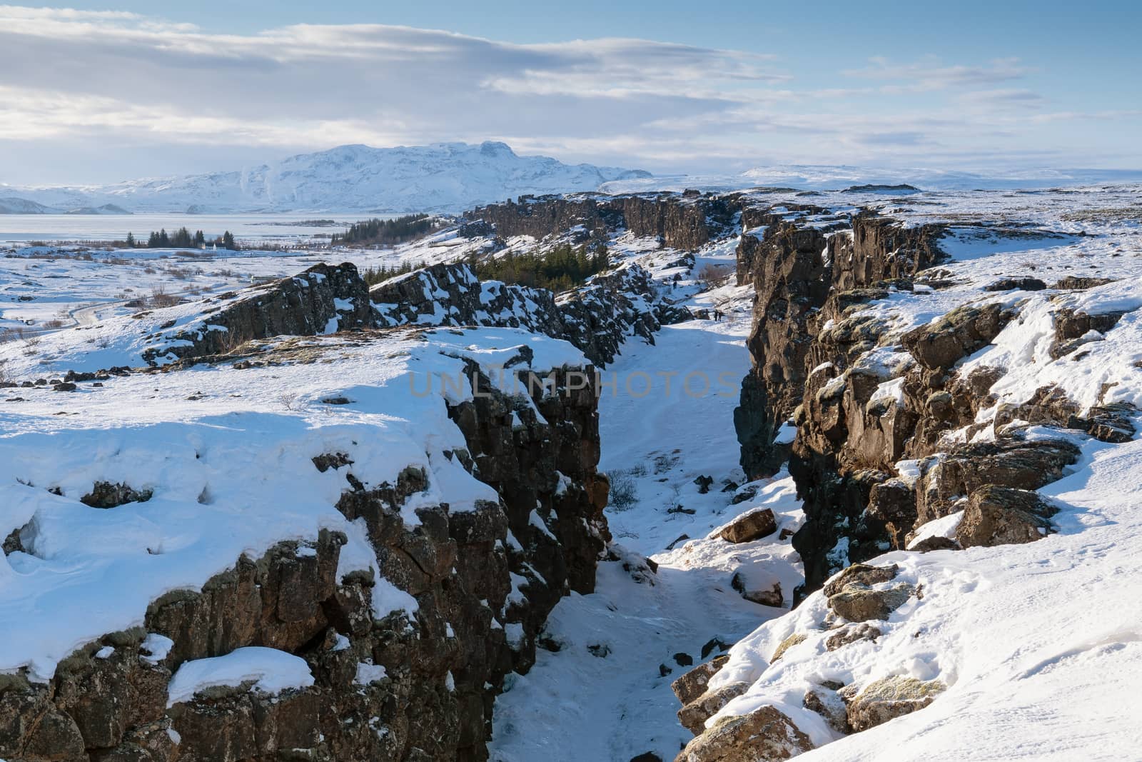 Panoramic image of the beautiful landscape of the Thingvellir National Park during winter, Iceland, Europe