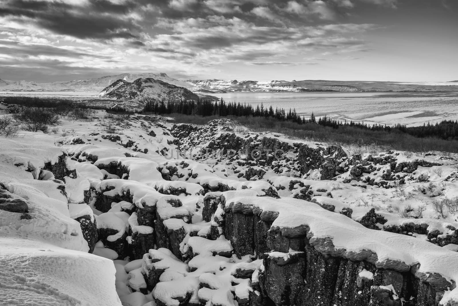 Panoramic image of the beautiful landscape of the Thingvellir National Park during winter, Iceland, Europe