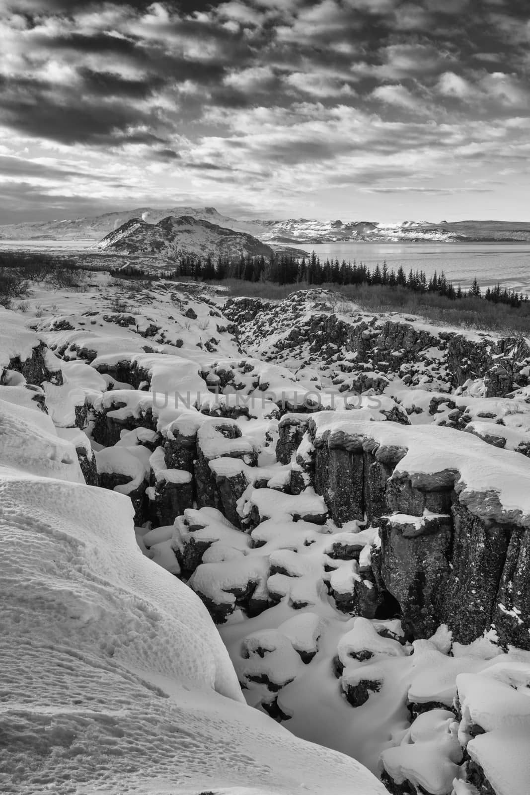 Panoramic image of the beautiful landscape of the Thingvellir National Park during winter, Iceland, Europe