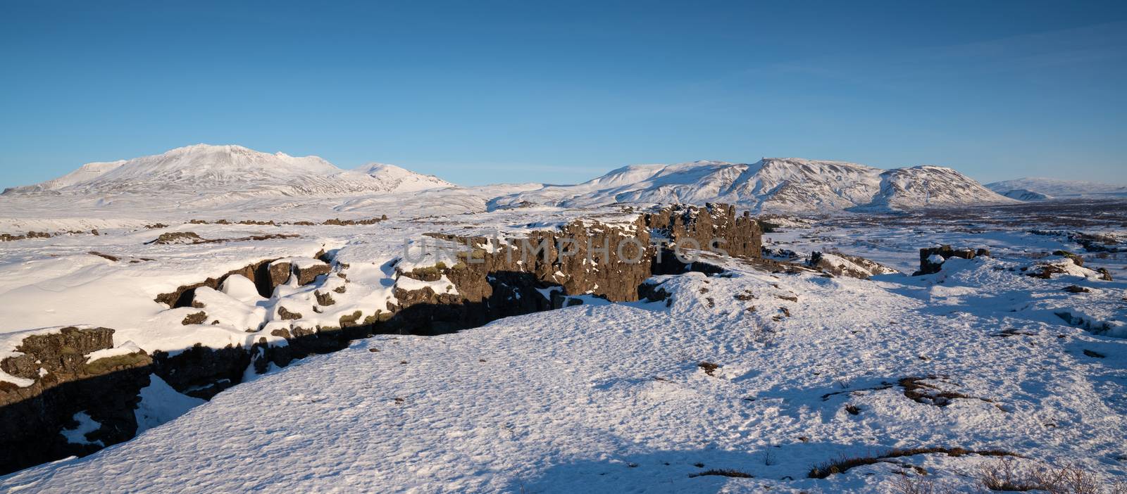 Panoramic image of the beautiful landscape of the Thingvellir National Park during winter, Iceland, Europe