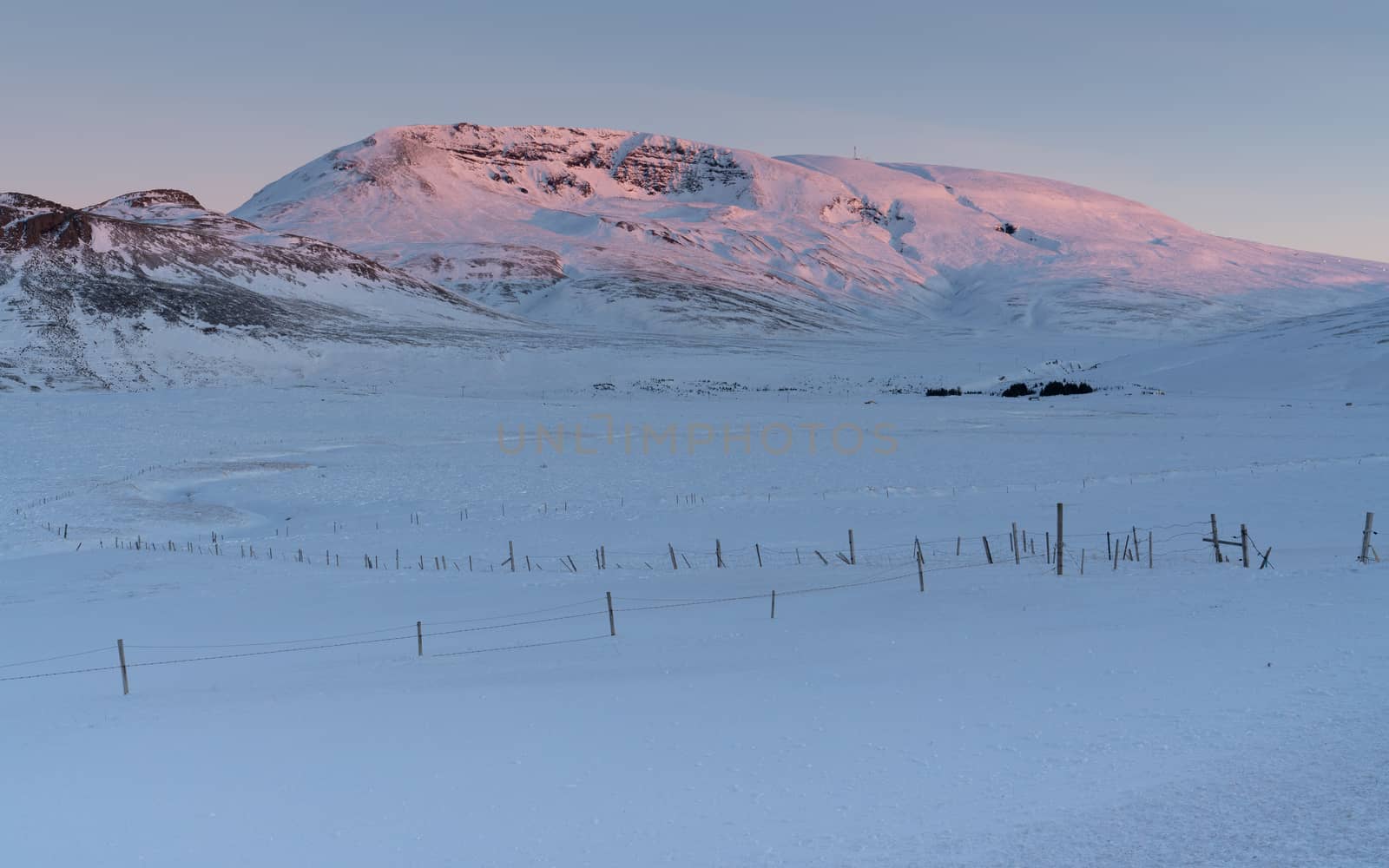 Sunrise over snow-covered mountains, Iceland, Europe