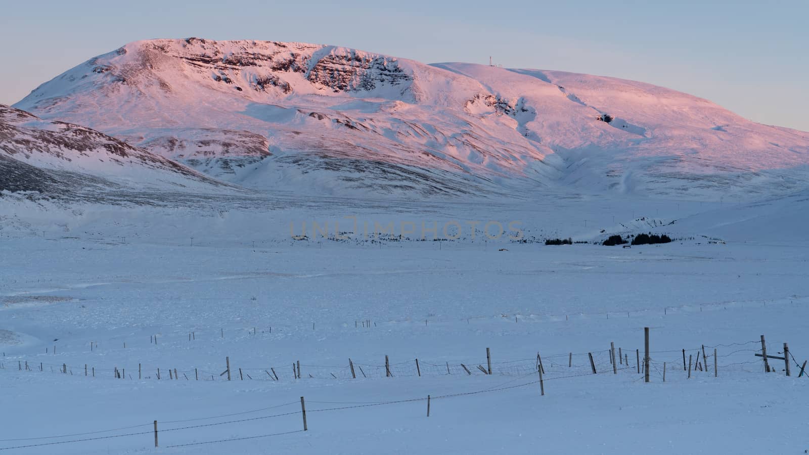 Sunrise over snow-covered mountains, Iceland, Europe