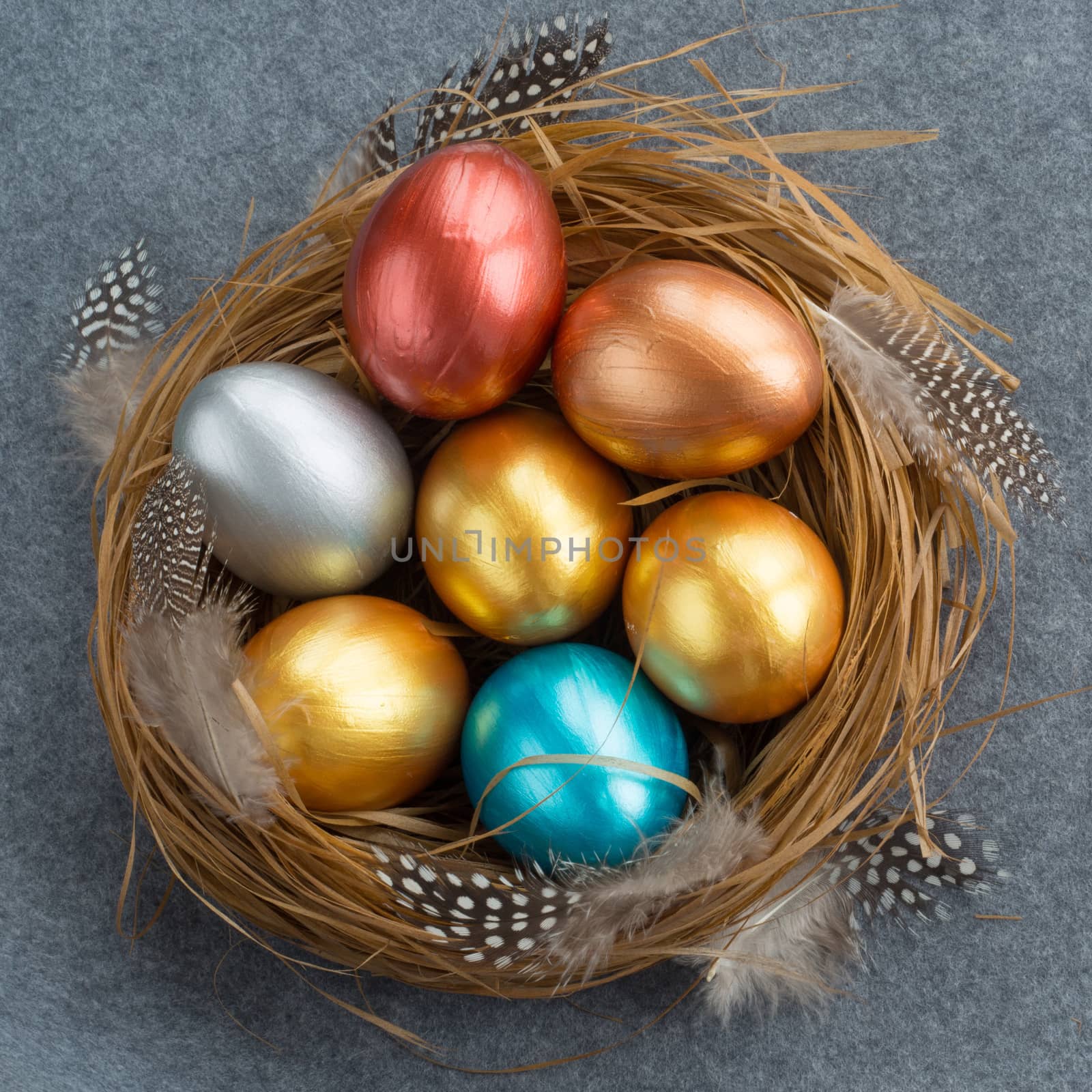 Happy Easter holiday greeting symbol stylish natural wooden grass nest with colorful quail eggs and feathers on gray fabric background