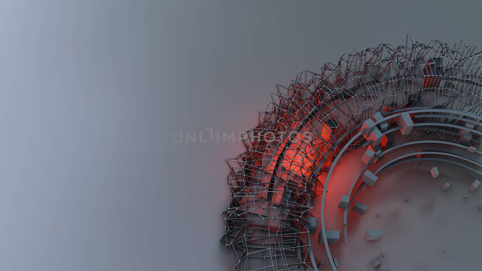 Abstract 3D rendering of chaotic objects. Concept Design Abstract Architecture or Space Station