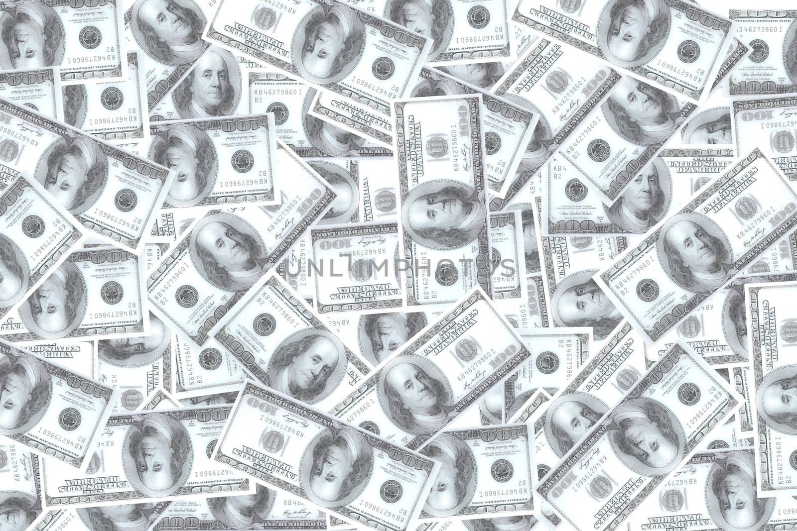 Many blur dollars stacked on white background. Concept of Get a lot of profit from doing business. Suitable for backgrounds, business articles, etc.
