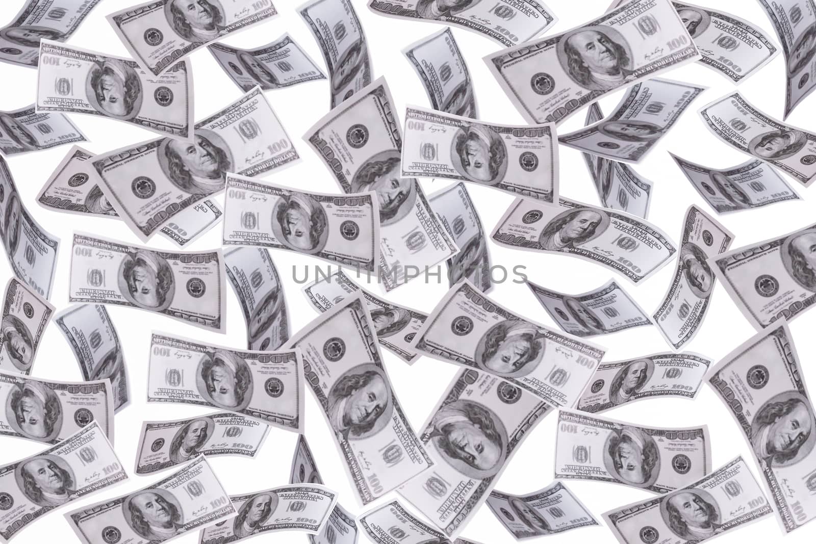 Many blur dollars float in the air on white background. Concept of business advances are profitable. Suitable for backgrounds, business articles, etc.