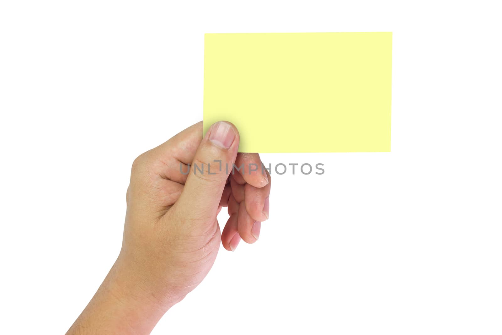 Hand holding yellow space notes on isolate white background. by SaitanSainam