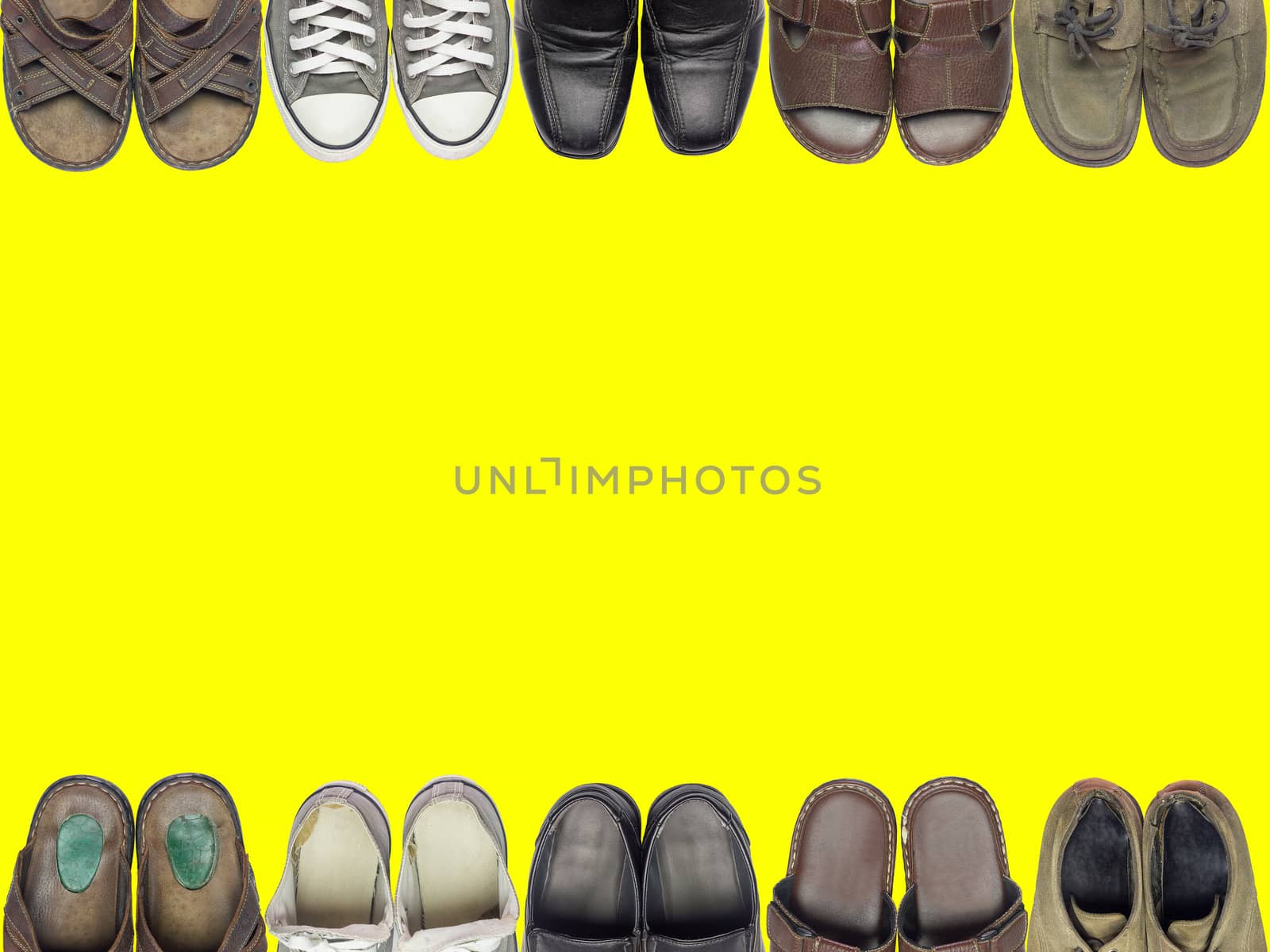 Many of shoes and sandal on isolate yellow background. Suitable  by SaitanSainam