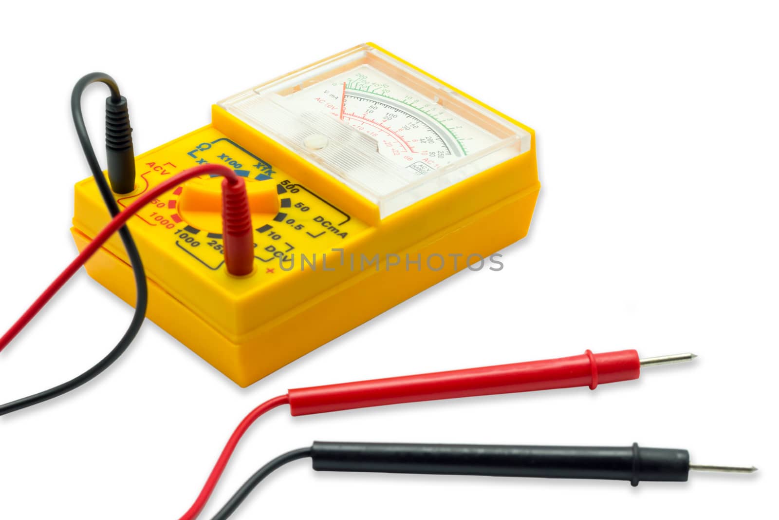 Yellow AC DC Analog Multimeter on white background. by SaitanSainam