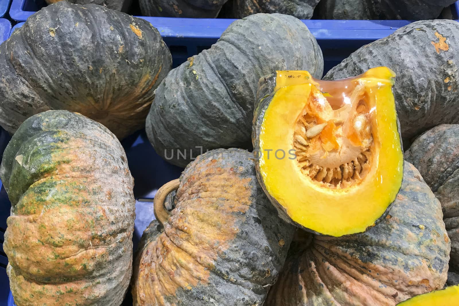 Many Thai pumpkins in blue container by TakerWalker