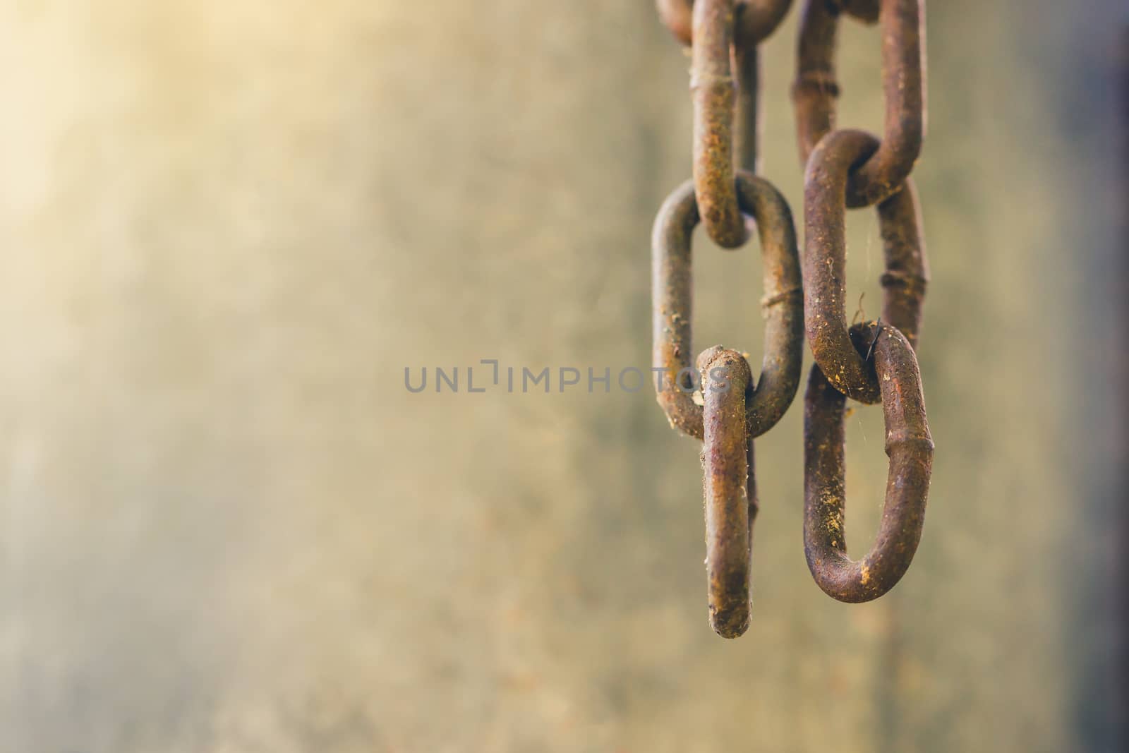 Two old rusty chains were hanging down from above, Beside the wall, Copy space on cement background.