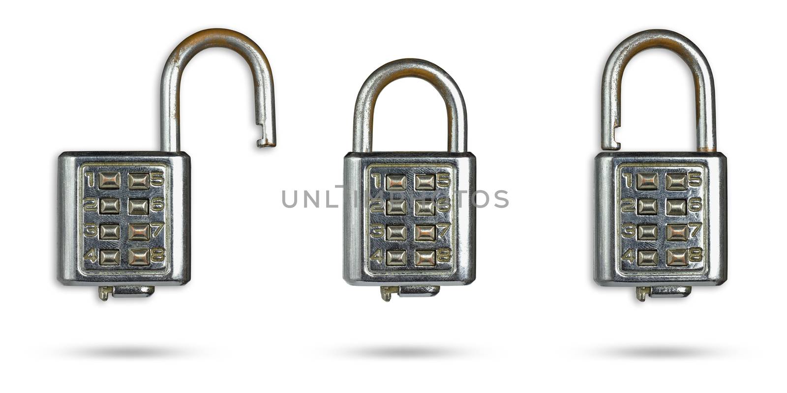 Set of  old password key lock placed on isolate white background with clipping path.