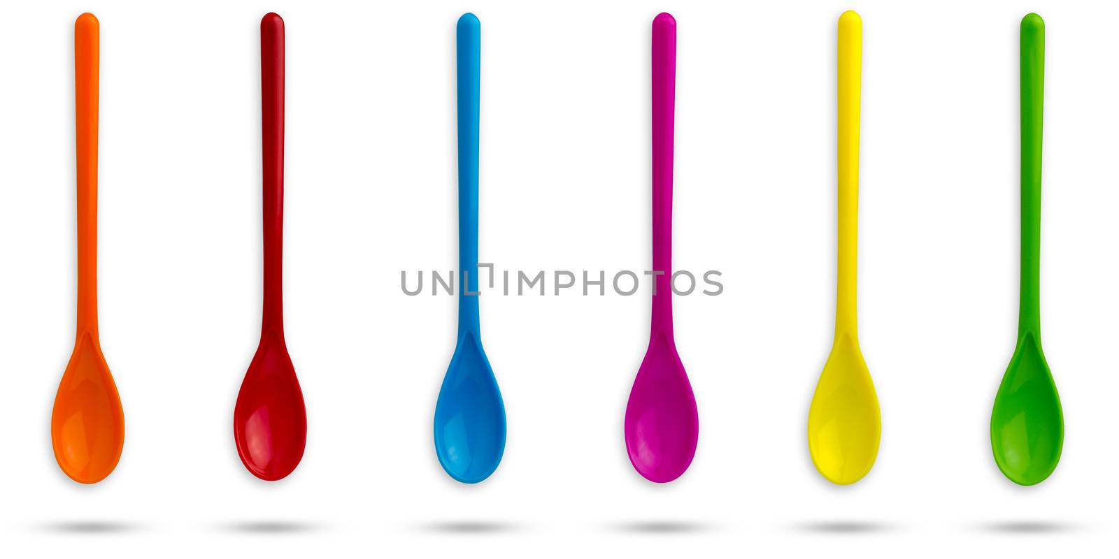 Set of multicolour plastic spoons on isolate white background wi by SaitanSainam