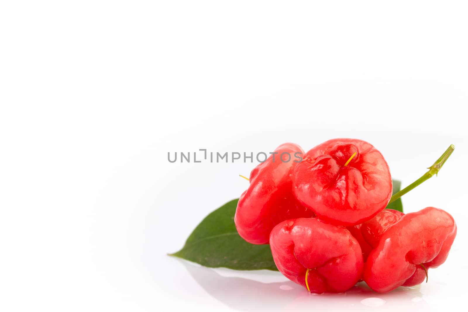 Closeup fresh rose apple with water droplet and leaves on white background.