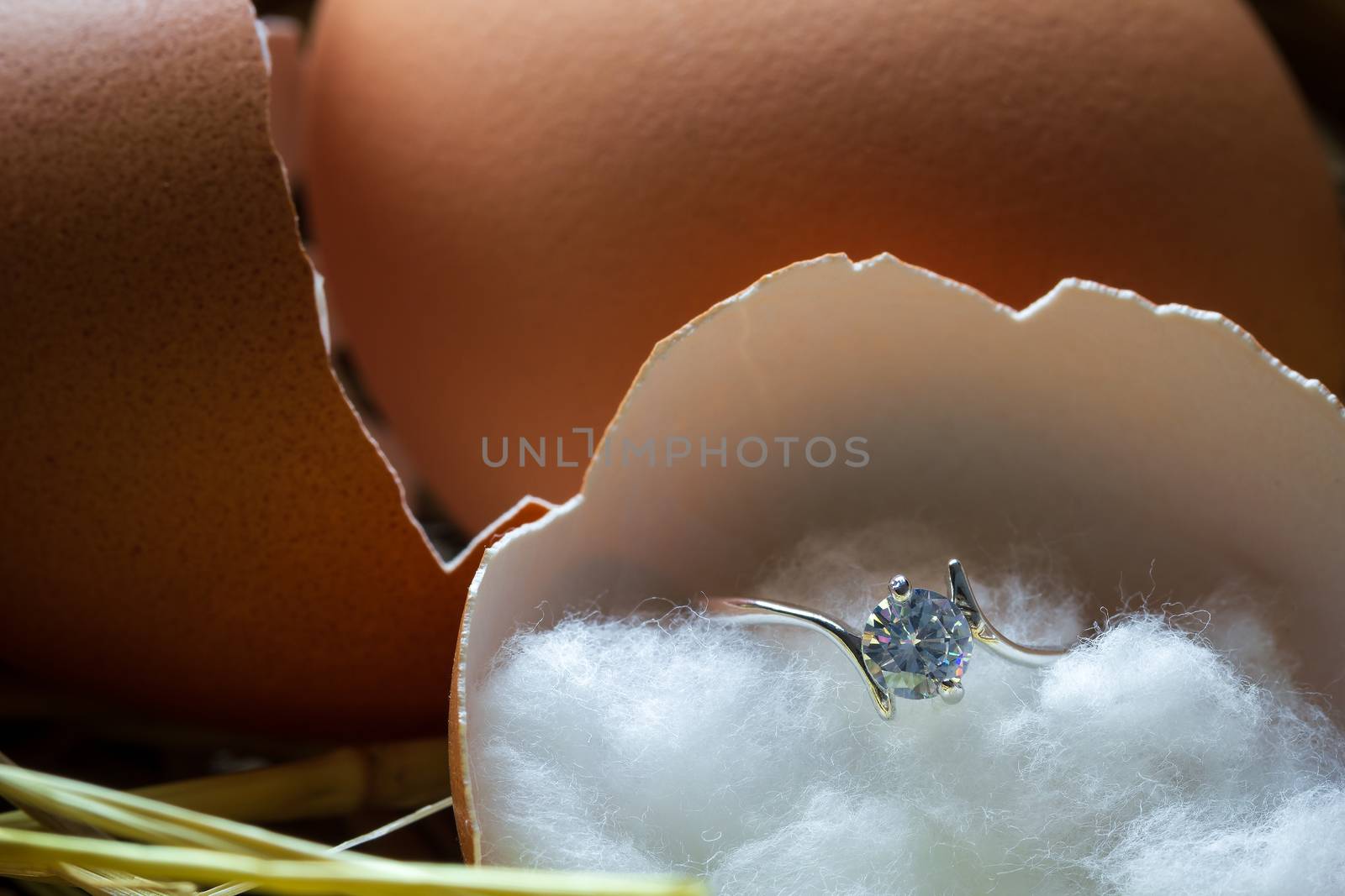 Fake diamond ring in the egg shell broken on the ovary with morning light. Concept of birth or beginning a married life.