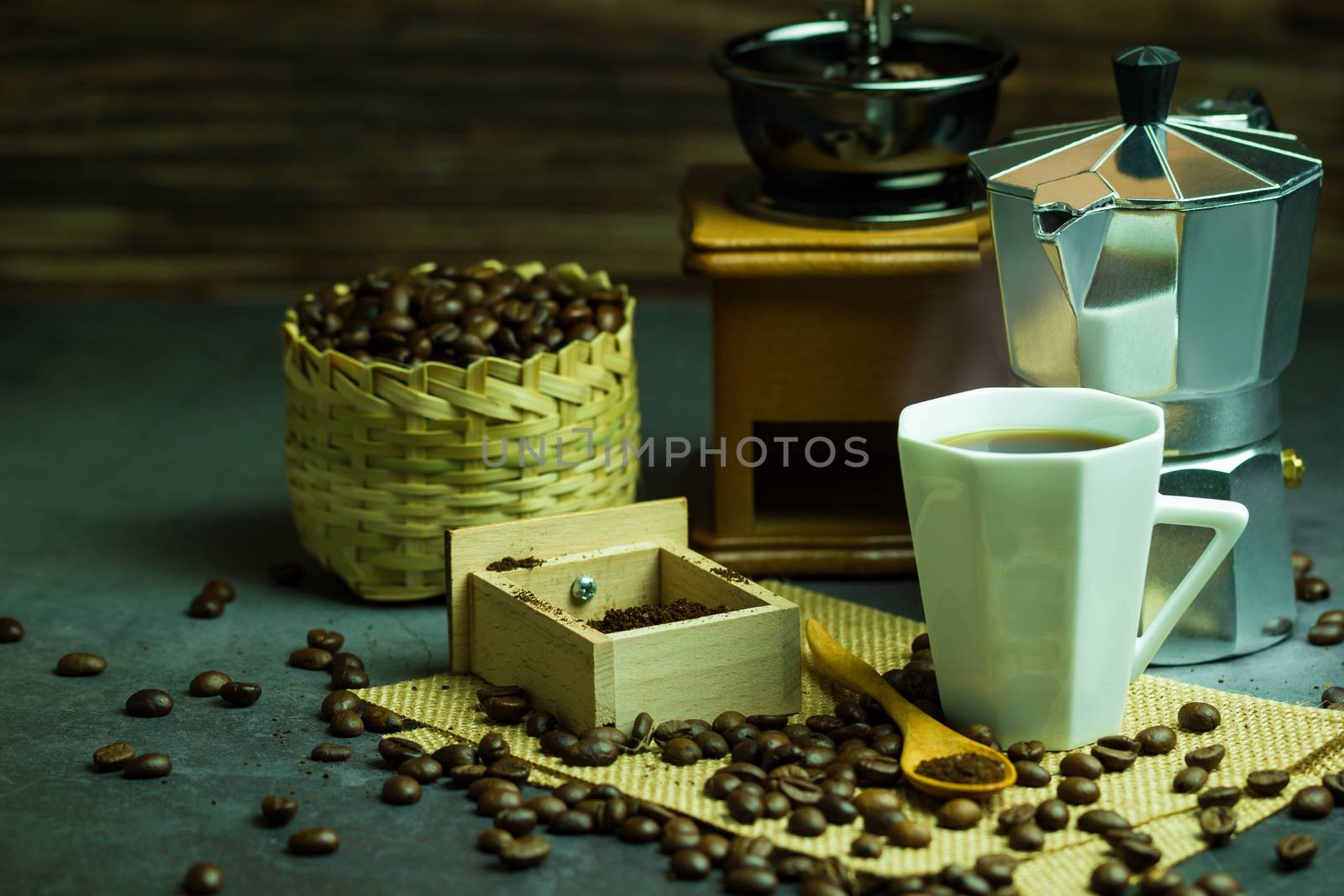 Brew black coffee in white cup and morning lighting. Roasted cof by SaitanSainam