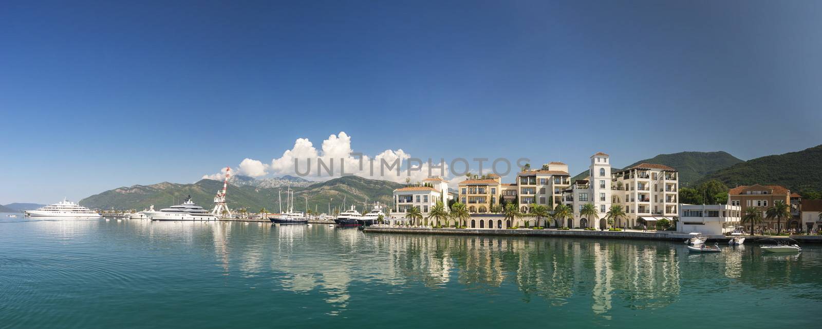 Tivat, Montenegro - 07.11.2018. Embankment of Tivat city, Montenegro, in a sunny summer day. The beginning of the cruise on the Bay of Kotor.