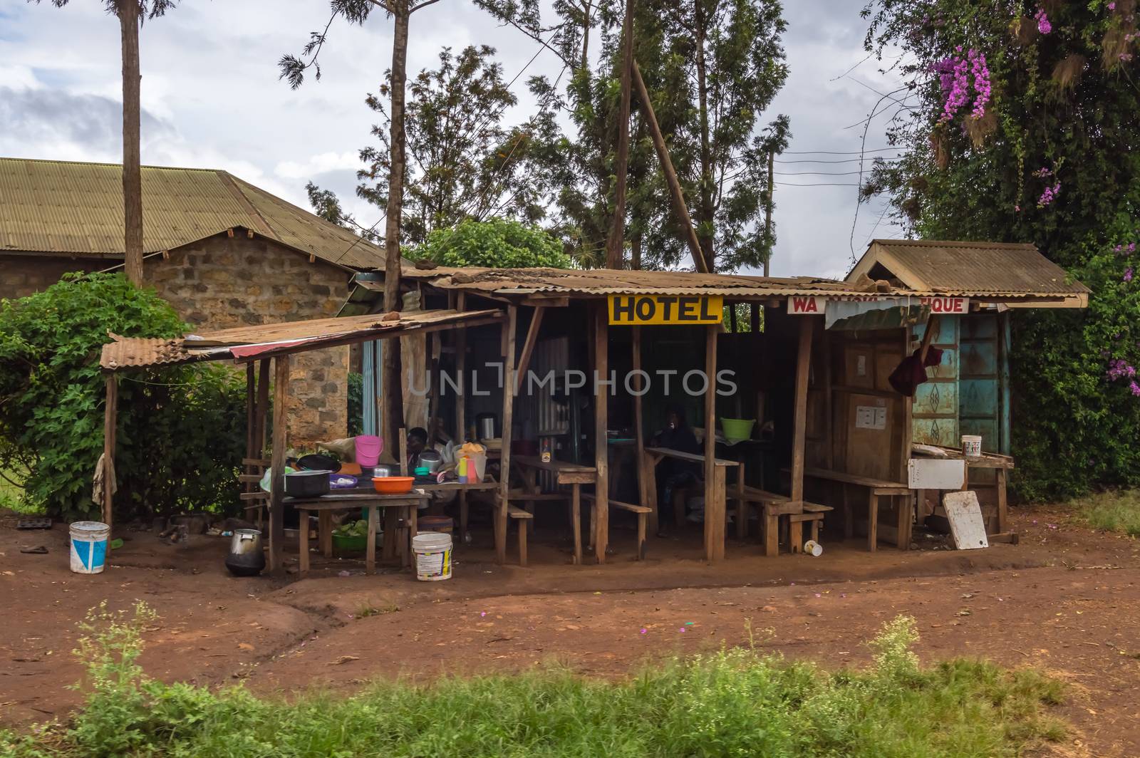 Wooden barn serving as a restaurant and hotel on the road near the city of Thika in central Kenya