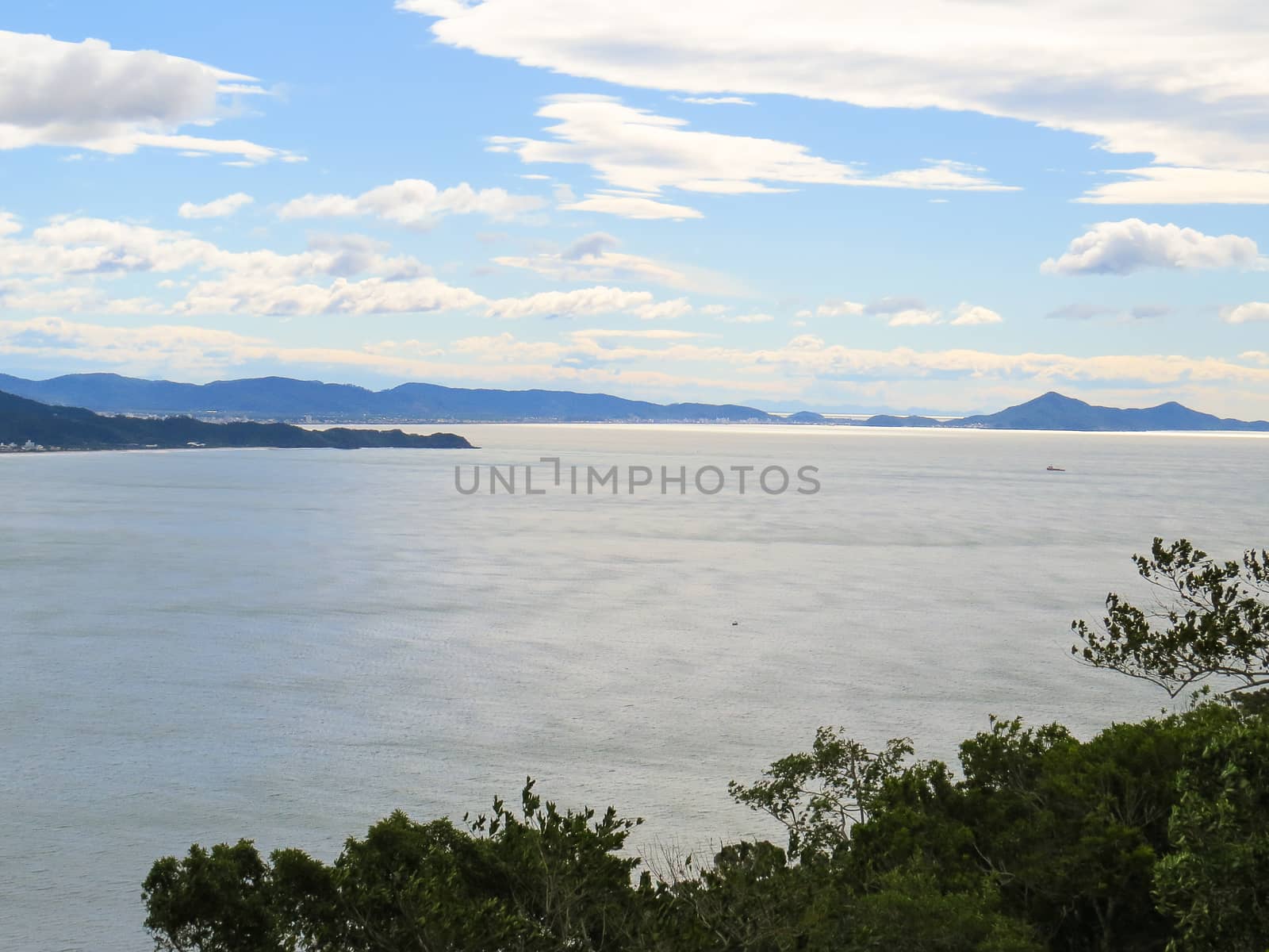 Panoramic view of the bay and sky with clouds in summer day, with forest in the foreground