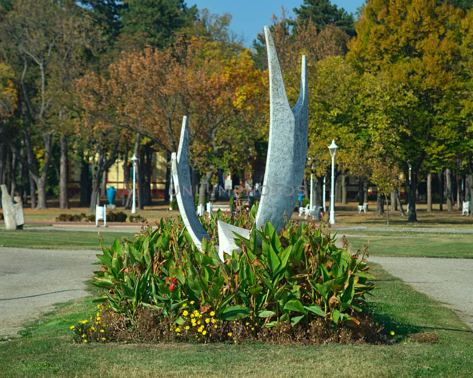 Closeup view on monument at boardwalk of Palic Lake, Serbia