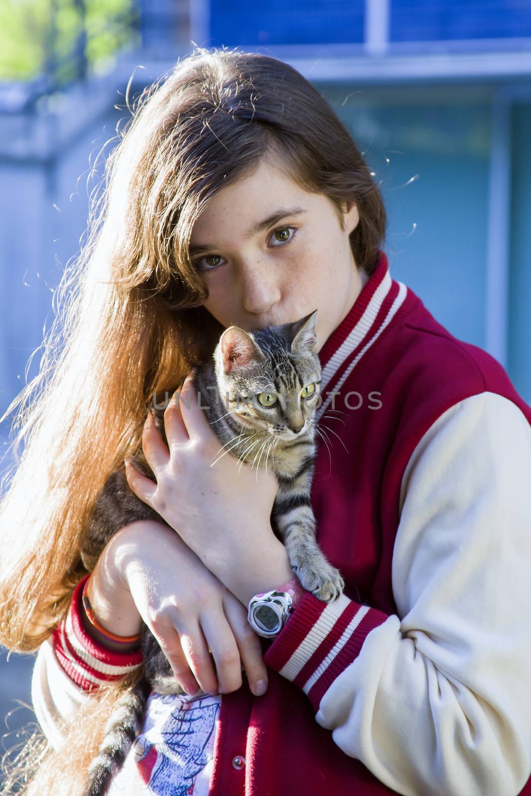 Portrait of a teenage girl with a cat by Anelik