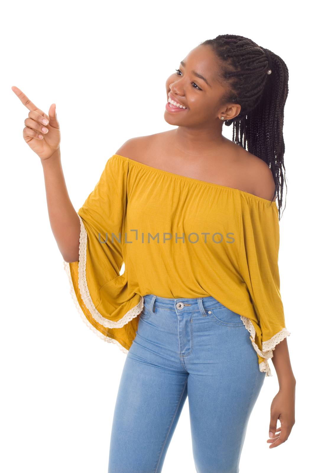 Happy african girl pointing, isolated on white background