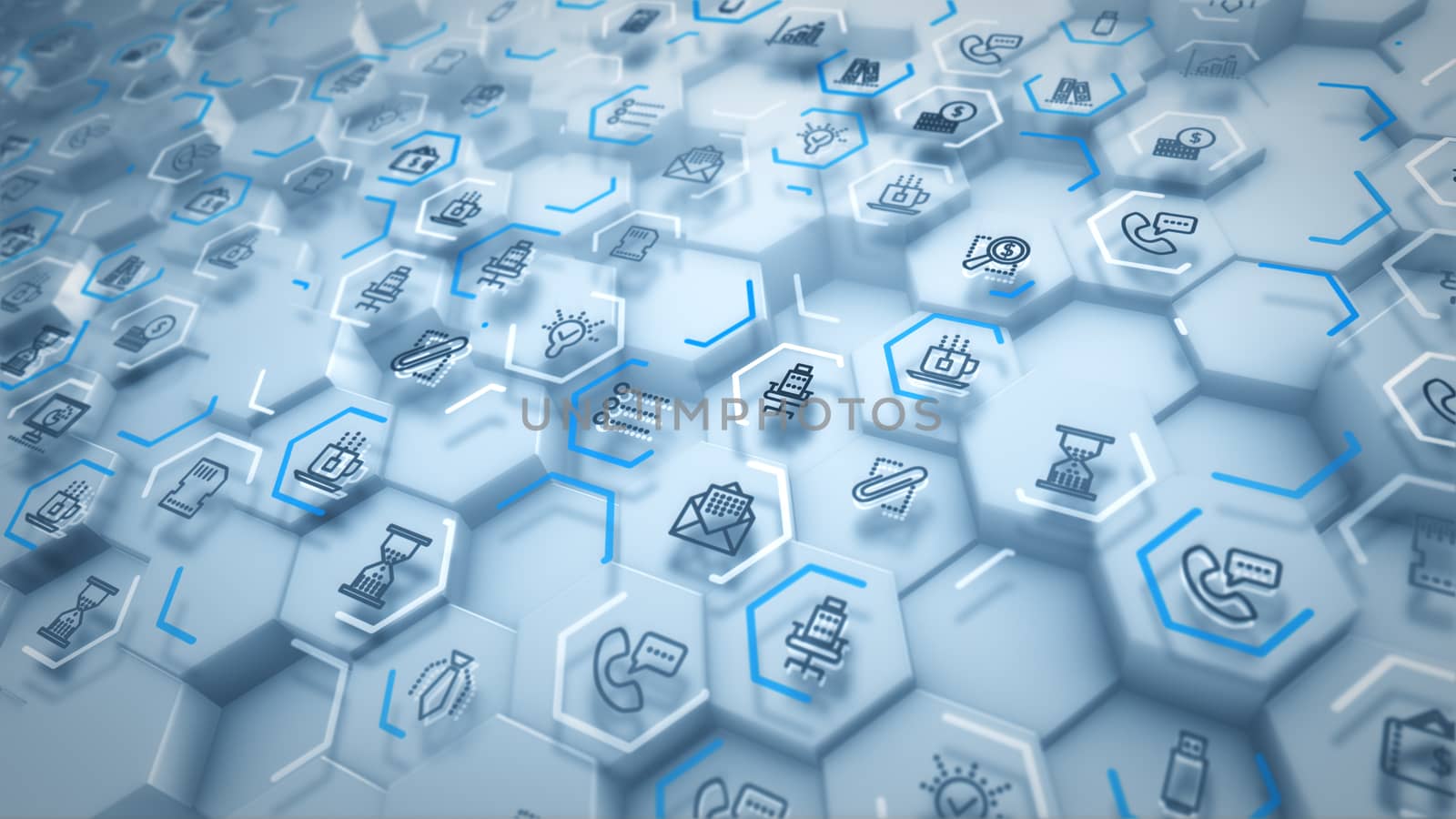 Optimistic 3d illustration of business hexagons with computer signs of screens, phones, texts, linked with each other through blue lines in the white backdrop in a cheery way.