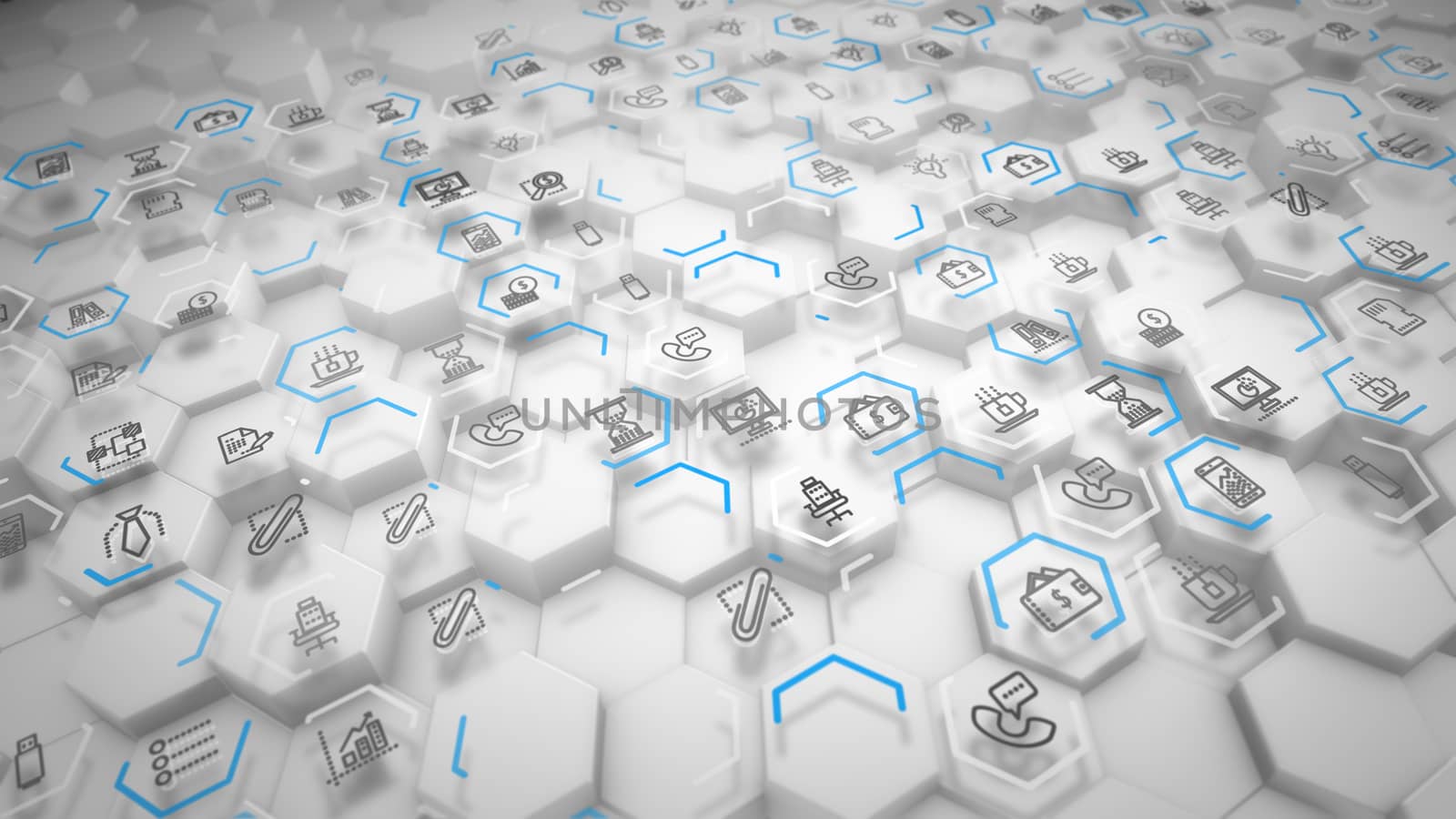 Abstract 3d illustration of business hexagons with different computer symbols connected with each other and placed diagonally in the grey background. They look optimistic.