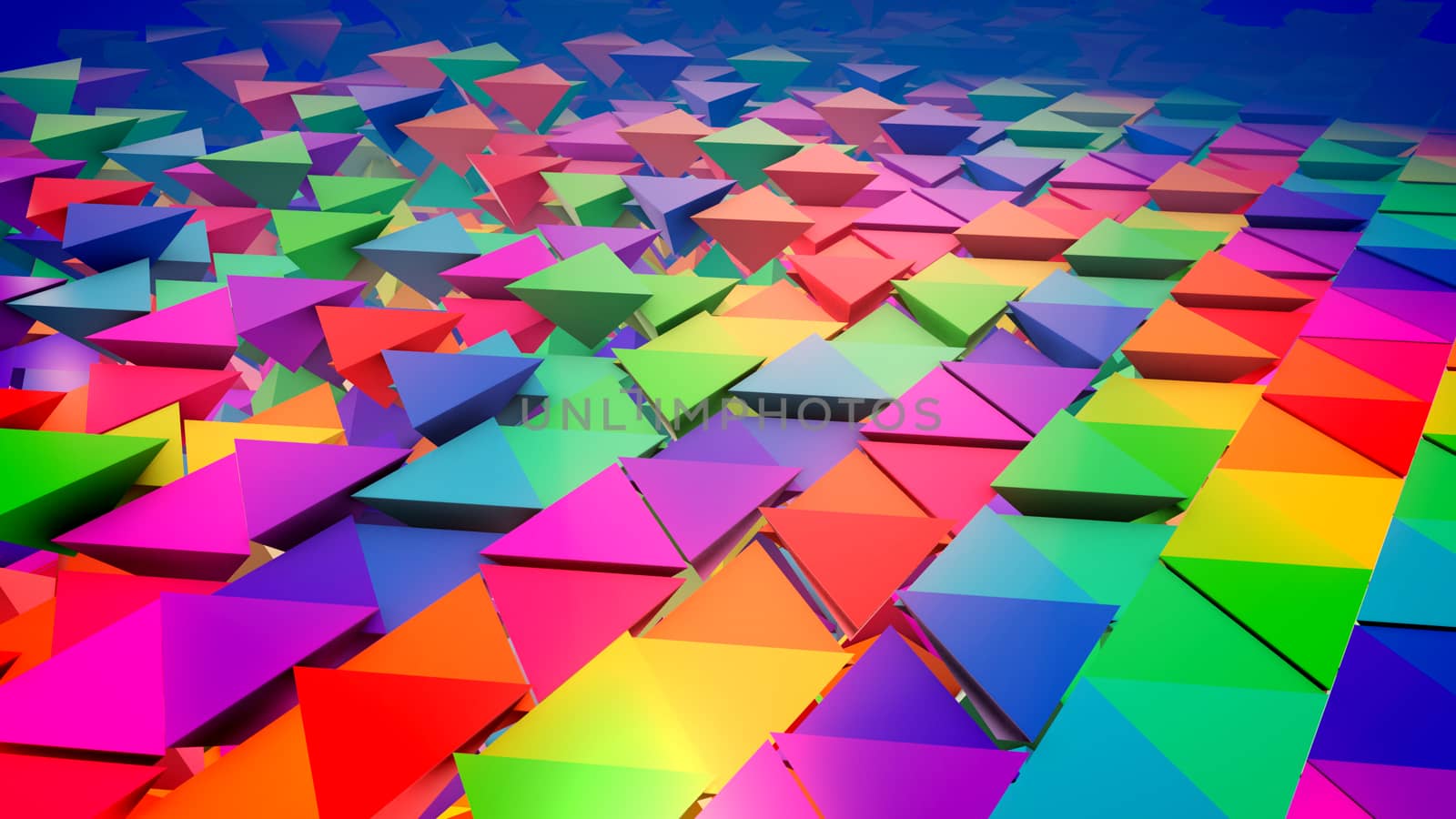 Inspiring 3d illustration of multicolored pyramids placed in straight and lengthy rows like a flat surface with pyramids bottoms put up. It looks optimistic, innovative and funny.