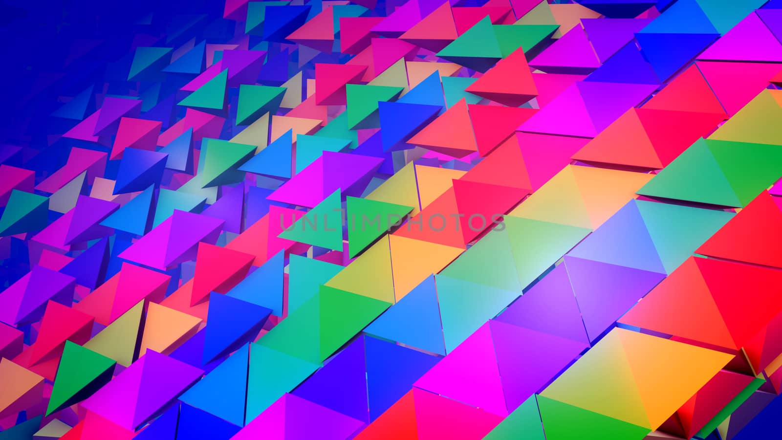 Wonderful 3d illustration of colorful pyramids located diagonally in straight and long rows as if a group of kids placed them with bottoms up. It looks childish, optimistic, and advanced.