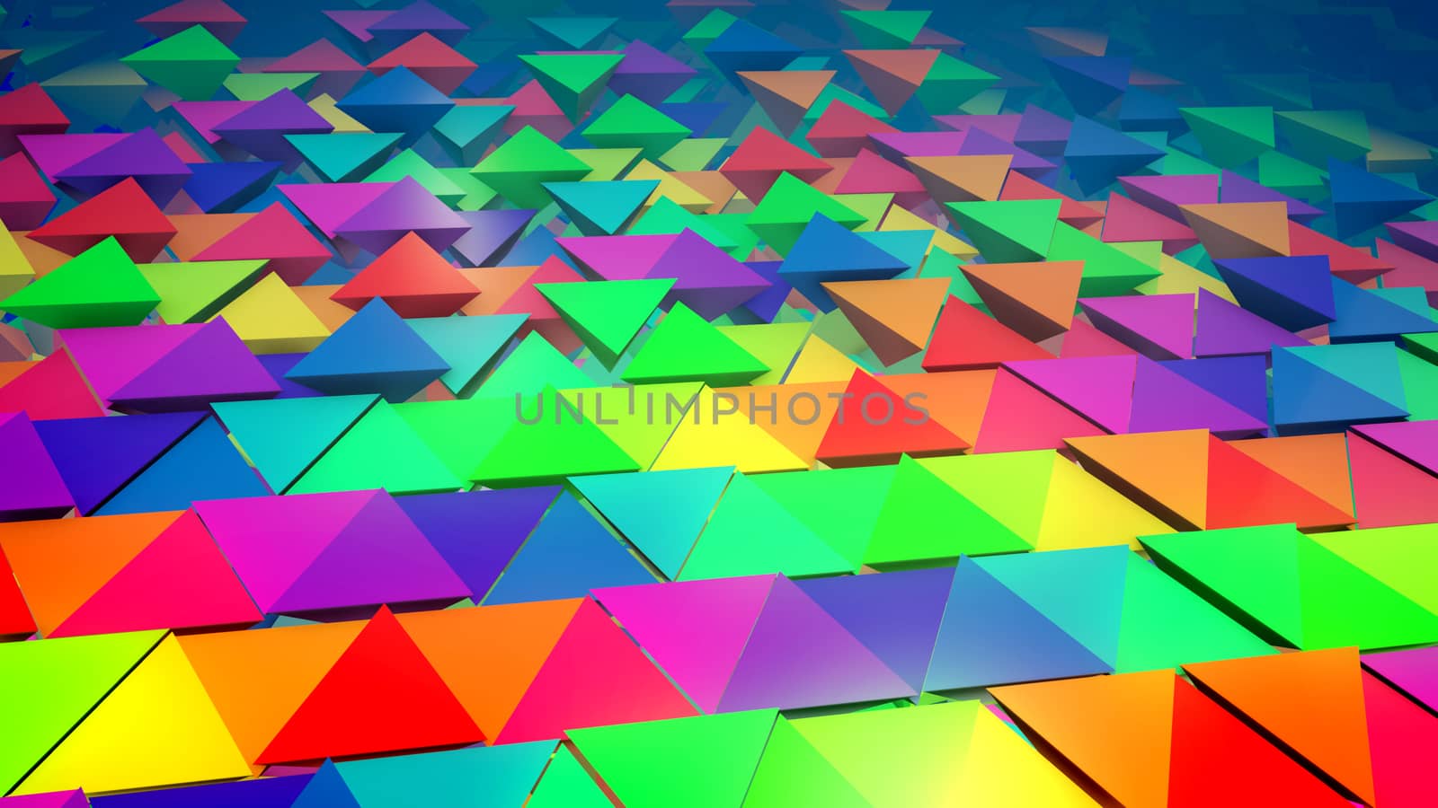 Optimistic 3d illustration of colorful pyramids located horizontally in straight and long lines with some pyramids pushed out with bottoms up. It looks original, childish and exciting.
